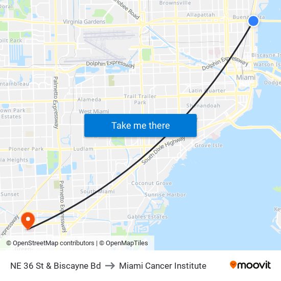 NE 36 St & Biscayne Bd to Miami Cancer Institute map