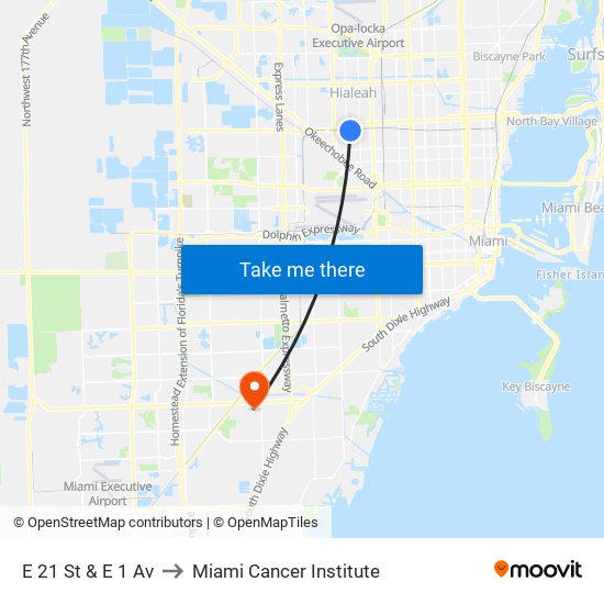 E 21 St & E 1 Av to Miami Cancer Institute map