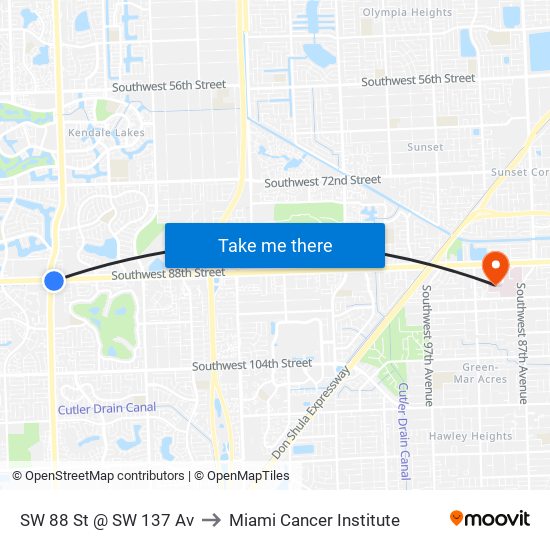 SW 88 St @ SW 137 Av to Miami Cancer Institute map