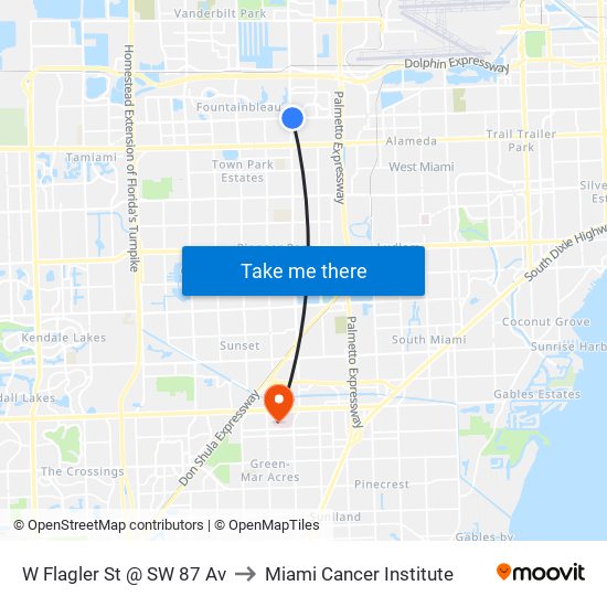 W Flagler St @ SW 87 Av to Miami Cancer Institute map