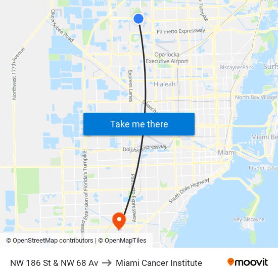 NW 186 St & NW 68 Av to Miami Cancer Institute map