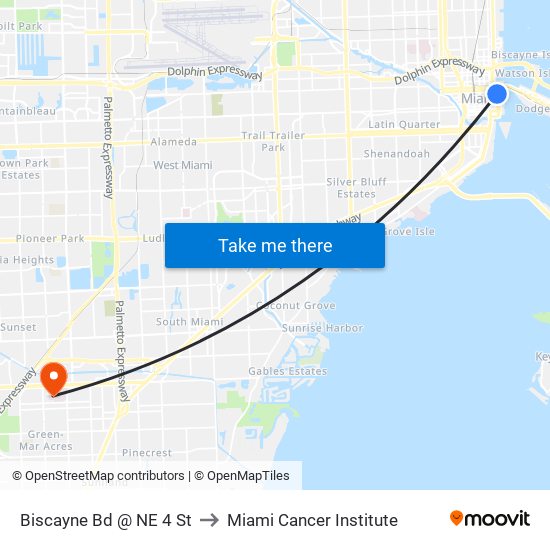 Biscayne Bd @ NE 4 St to Miami Cancer Institute map