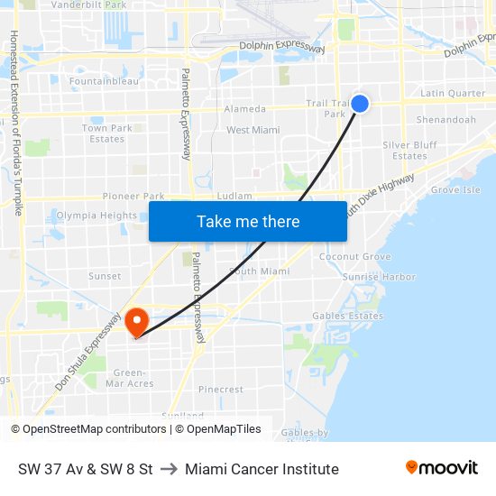 SW 37 Av & SW 8 St to Miami Cancer Institute map