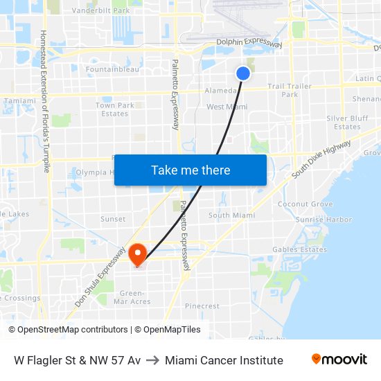 W Flagler St & NW 57 Av to Miami Cancer Institute map