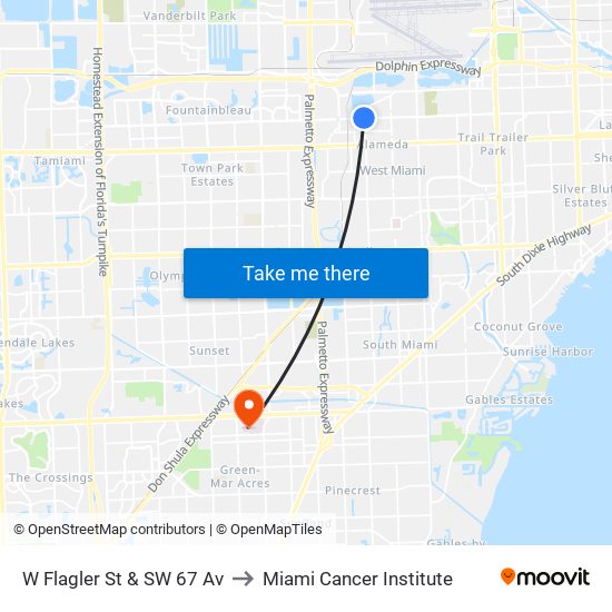 W Flagler St & SW 67 Av to Miami Cancer Institute map