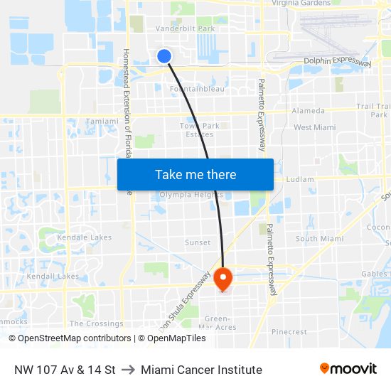 NW 107 Av & 14 St to Miami Cancer Institute map