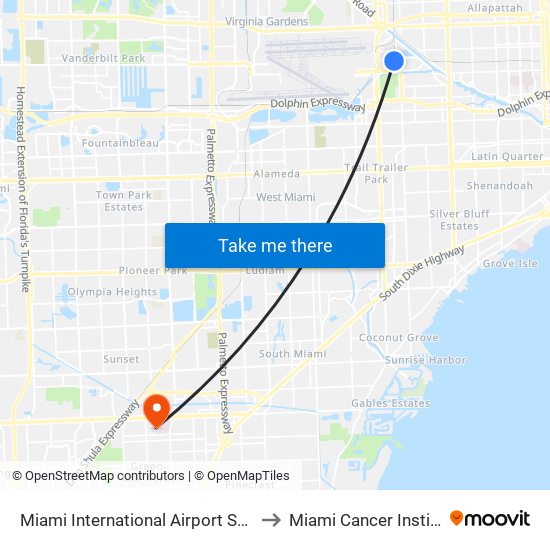 Miami International Airport Station to Miami Cancer Institute map