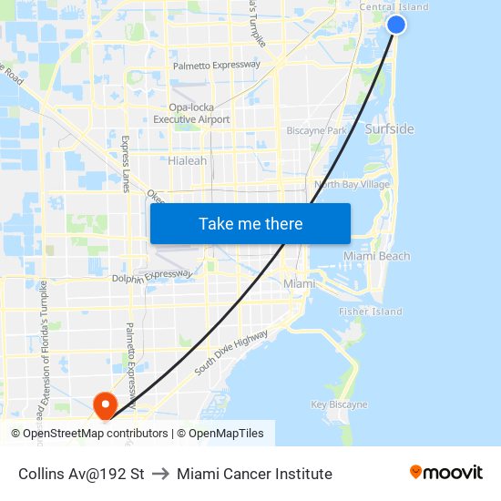 Collins Av@192 St to Miami Cancer Institute map