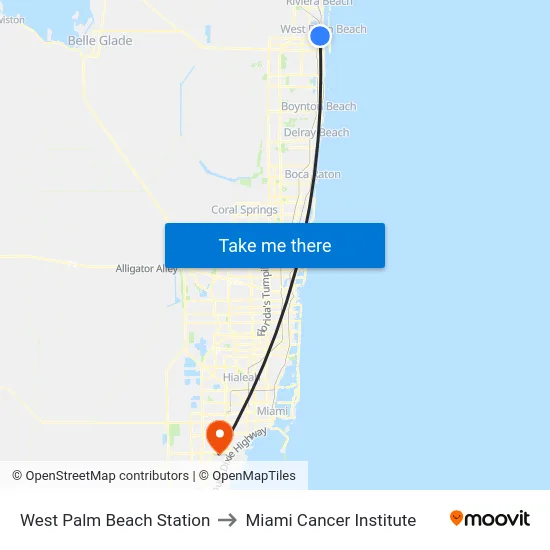 West Palm Beach Station to Miami Cancer Institute map