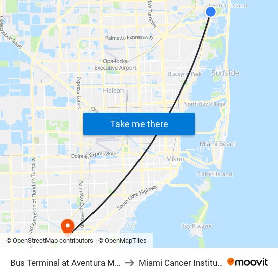 Bus Terminal at Aventura Mall to Miami Cancer Institute map