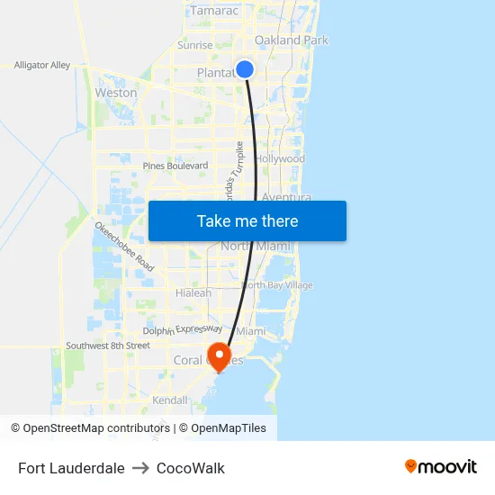 Fort Lauderdale to CocoWalk map