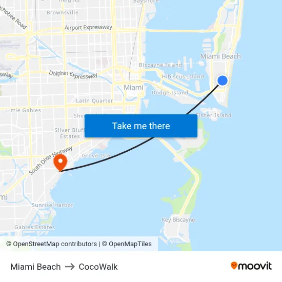 Miami Beach to CocoWalk map