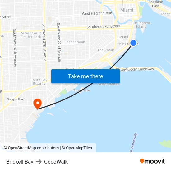 Brickell Bay to CocoWalk map