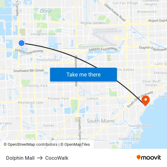 Dolphin Mall to CocoWalk map