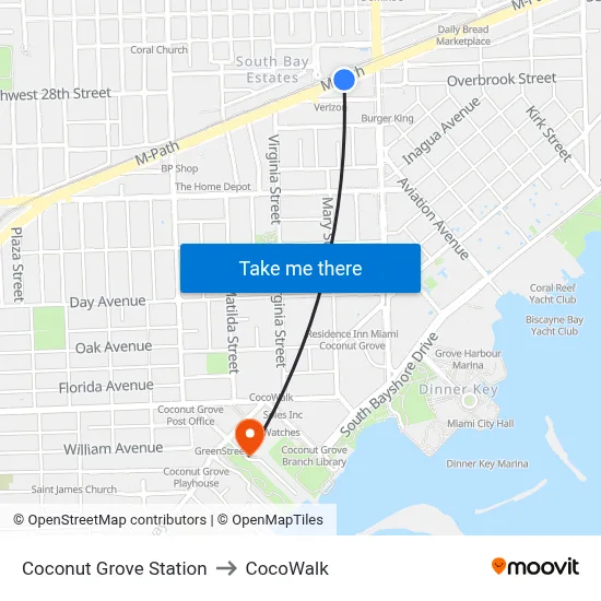 Coconut Grove Station to CocoWalk map