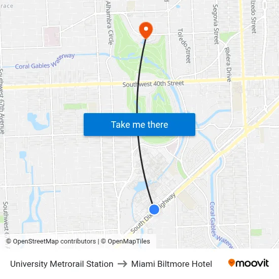 University Metrorail Station to Miami Biltmore Hotel map