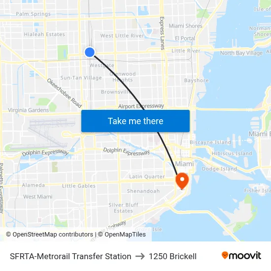 SFRTA-Metrorail Transfer Station to 1250 Brickell map
