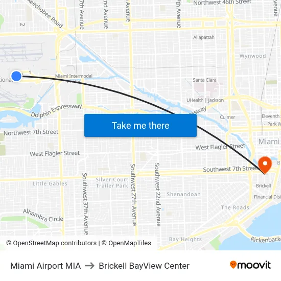 Miami Airport MIA to Brickell BayView Center map