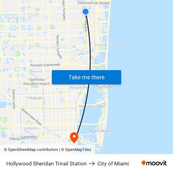 Hollywood Sheridan Trirail Station to City of Miami map