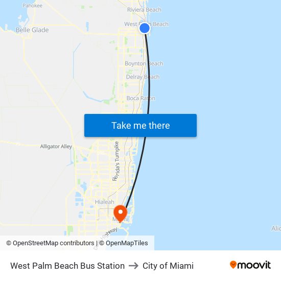 West Palm Beach Bus Station to City of Miami map