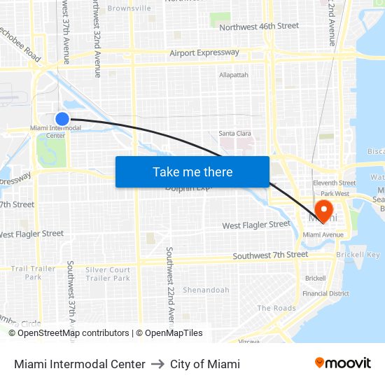 Miami Intermodal Center to City of Miami map