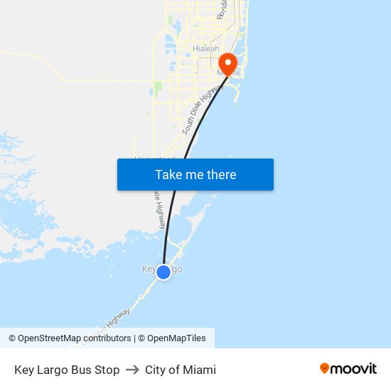 Key Largo Bus Stop to City of Miami map
