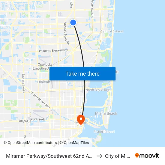 Miramar Parkway/Southwest 62nd Avenue to City of Miami map