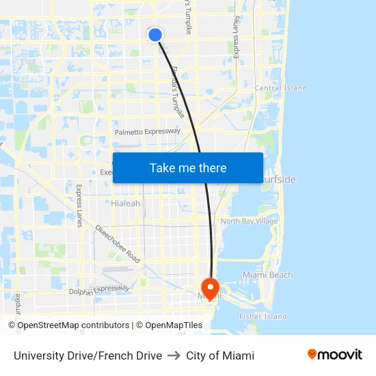 University Drive/French Drive to City of Miami map