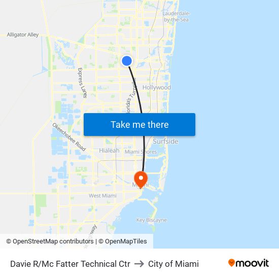 Davie R/Mc Fatter Technical Ctr to City of Miami map