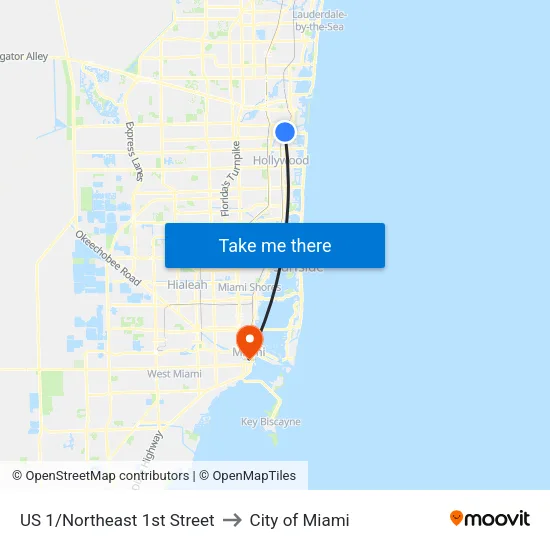 US 1/Northeast 1st Street to City of Miami map