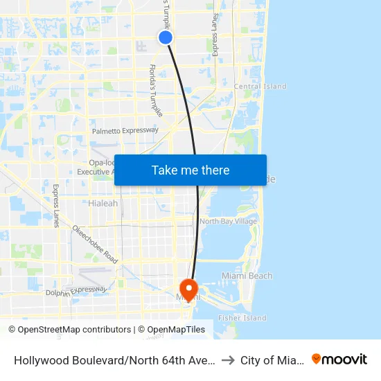 Hollywood Boulevard/North 64th Avenue to City of Miami map