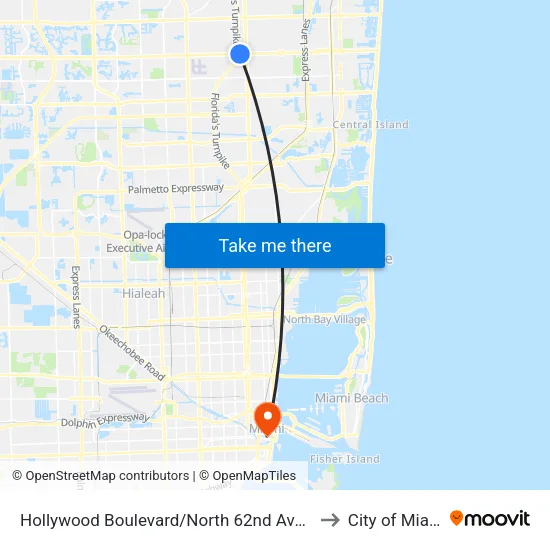 Hollywood Boulevard/North 62nd Avenue to City of Miami map