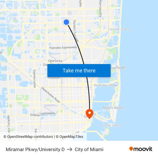 Miramar Pkwy/University D to City of Miami map