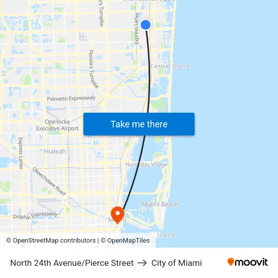 North 24th Avenue/Pierce Street to City of Miami map