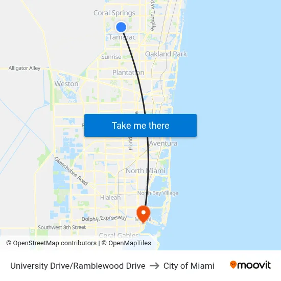 University Drive/Ramblewood Drive to City of Miami map