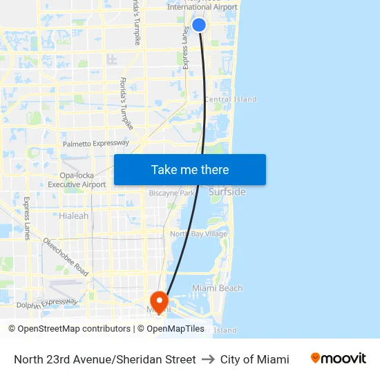 North 23rd Avenue/Sheridan Street to City of Miami map