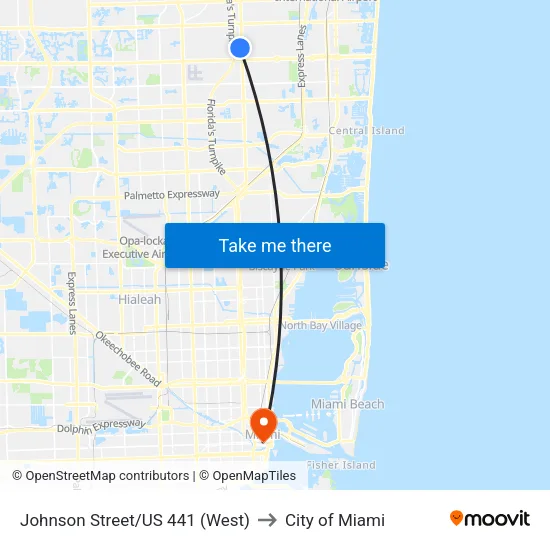 Johnson Street/US 441 (West) to City of Miami map