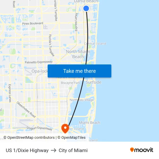US 1/Dixie Highway to City of Miami map