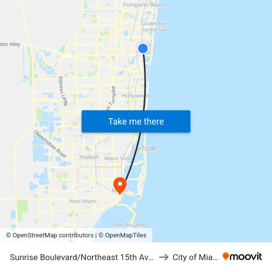 Sunrise Boulevard/Northeast 15th Avenue to City of Miami map