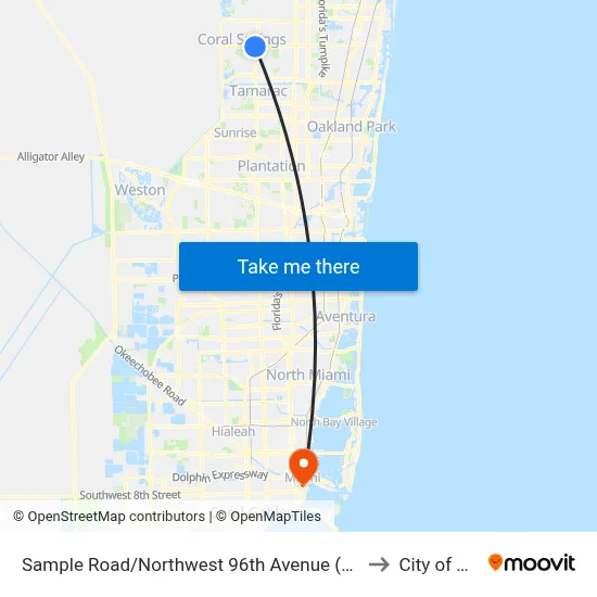Sample Road/Northwest 96th Avenue (Coral Hills Drive) to City of Miami map