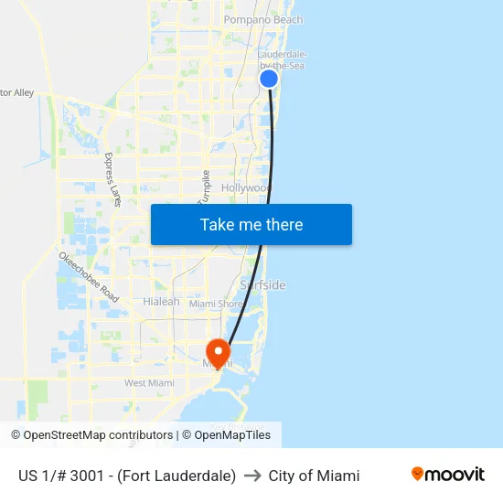 US 1/# 3001 - (Fort Lauderdale) to City of Miami map