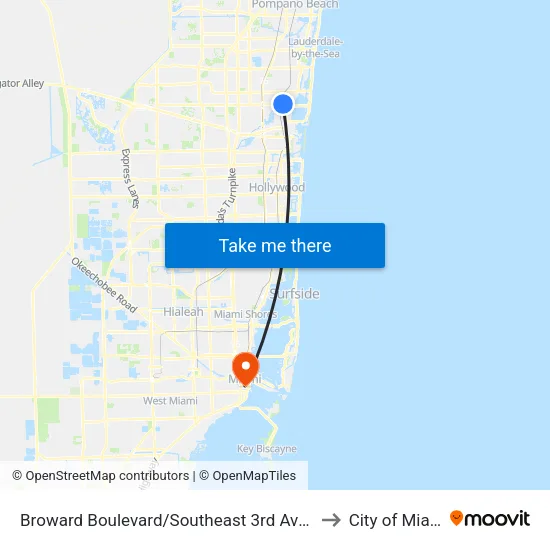 Broward Boulevard/Southeast 3rd Avenue to City of Miami map