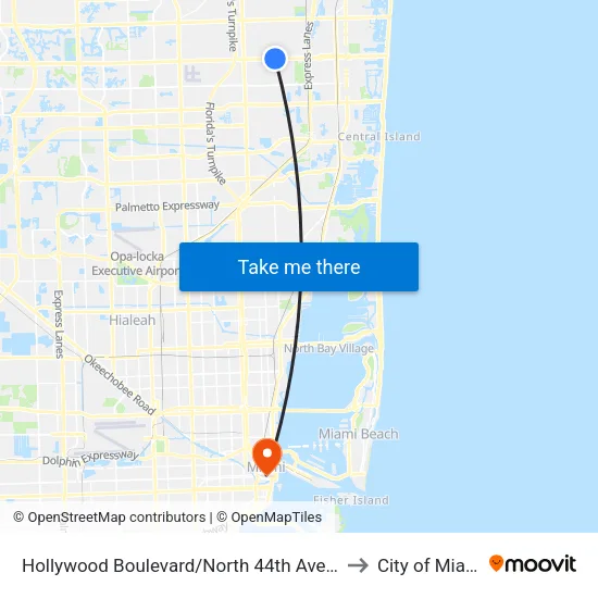 Hollywood Boulevard/North 44th Avenue to City of Miami map