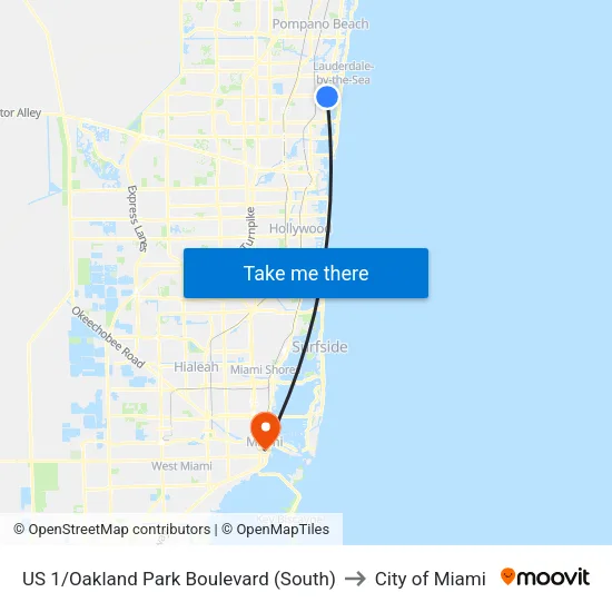 US 1/Oakland Park Boulevard (South) to City of Miami map