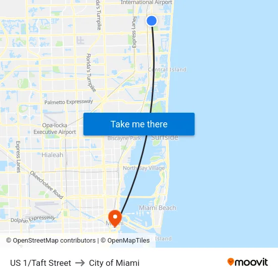 US 1/Taft Street to City of Miami map