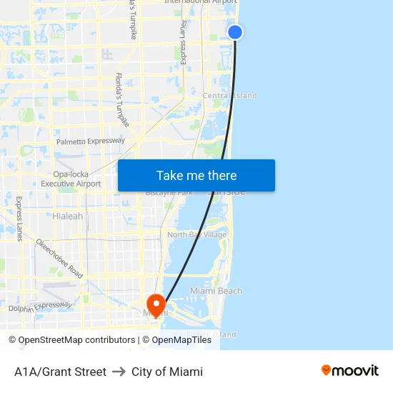 A1A/Grant Street to City of Miami map