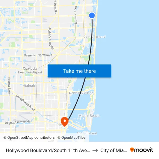 Hollywood Boulevard/South 11th Avenue to City of Miami map