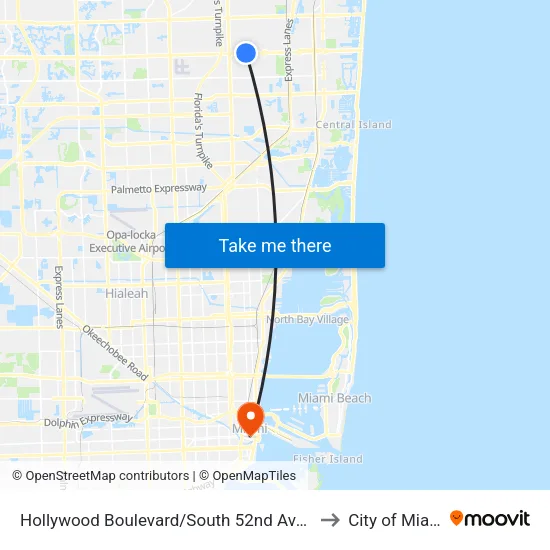 Hollywood Boulevard/South 52nd Avenue to City of Miami map