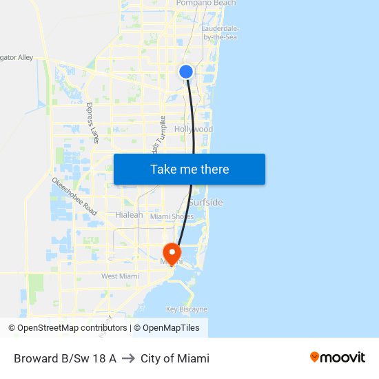 Broward B/Sw 18 A to City of Miami map