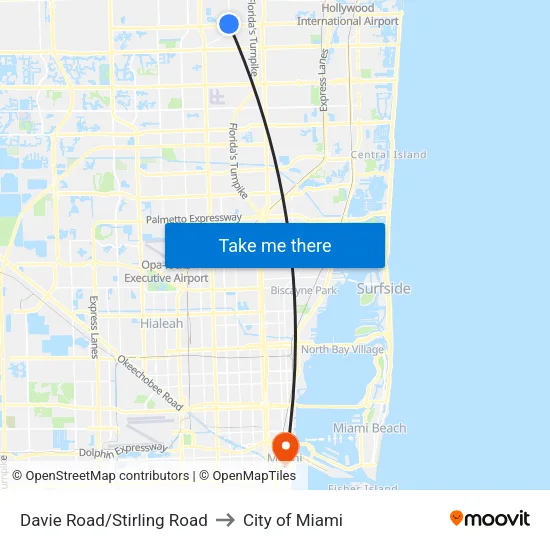 Davie Road/Stirling Road to City of Miami map